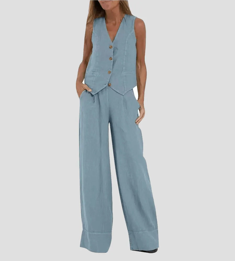 Co-ord Set Dames Gilet Wijde Broek Knoopsluiting - Miss Madera MIS-3CD114