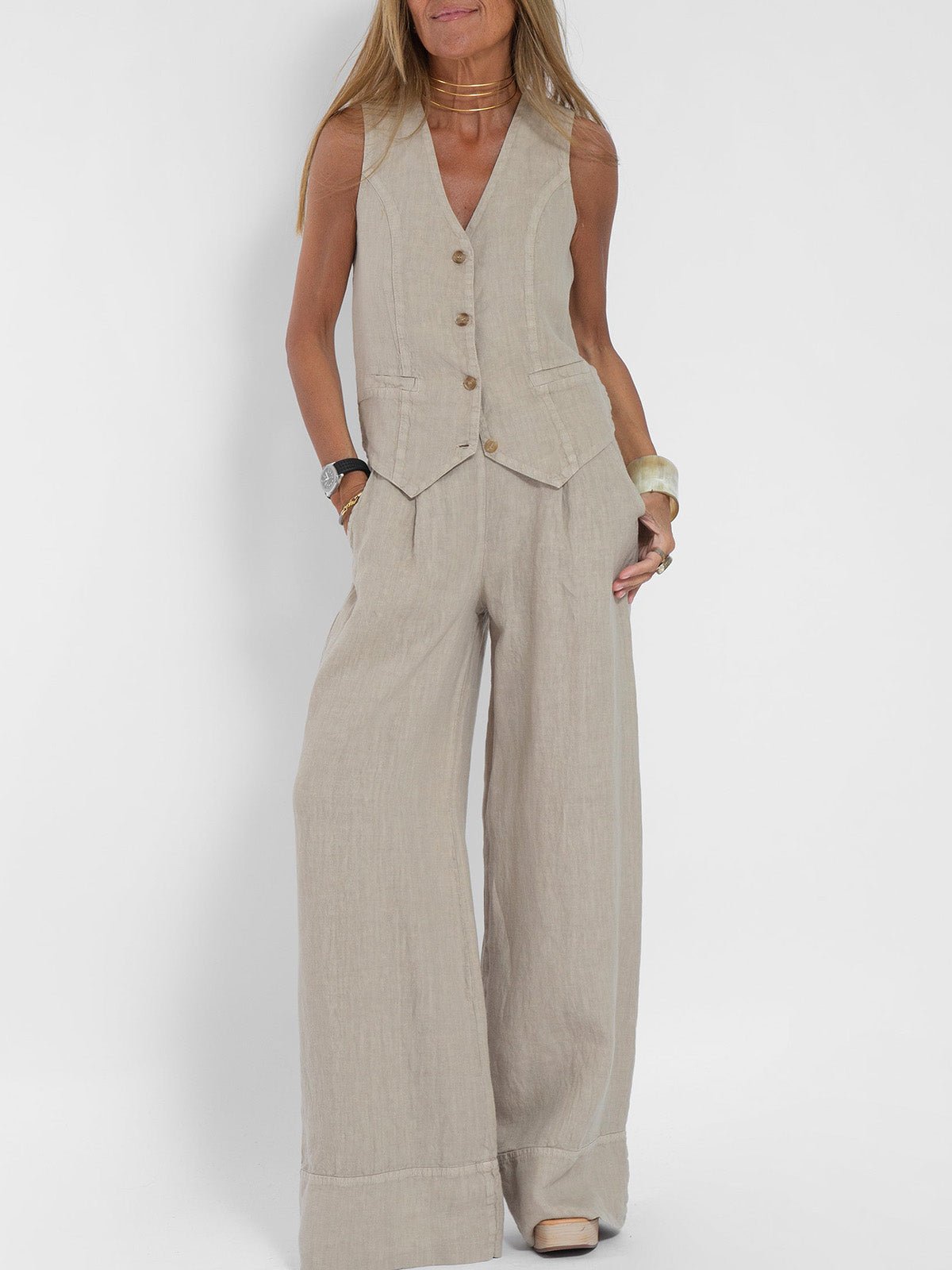 Miss | Tweedelige Set Dames Gilet & Wijde Broek – Co-ord Set Polyester - Miss Madera MIS-463F12