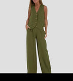 Co-ord Set Dames Gilet Wijde Broek Knoopsluiting - Miss Madera MIS-CBB8E0
