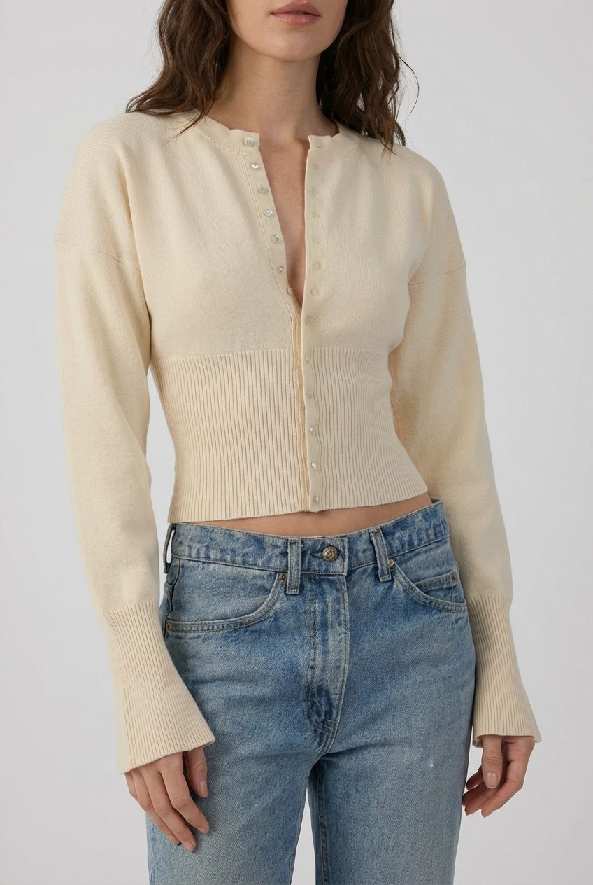 Miss | Vest Dames Cropped Knoopsluiting Geribbeld Lange Mouw - Miss Madera MIS-C031K1