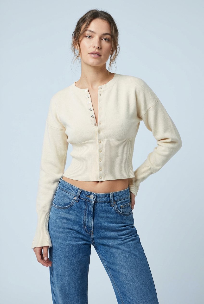 Miss | Vest Dames Cropped Knoopsluiting Geribbeld Lange Mouw - Miss Madera MIS-C031K1