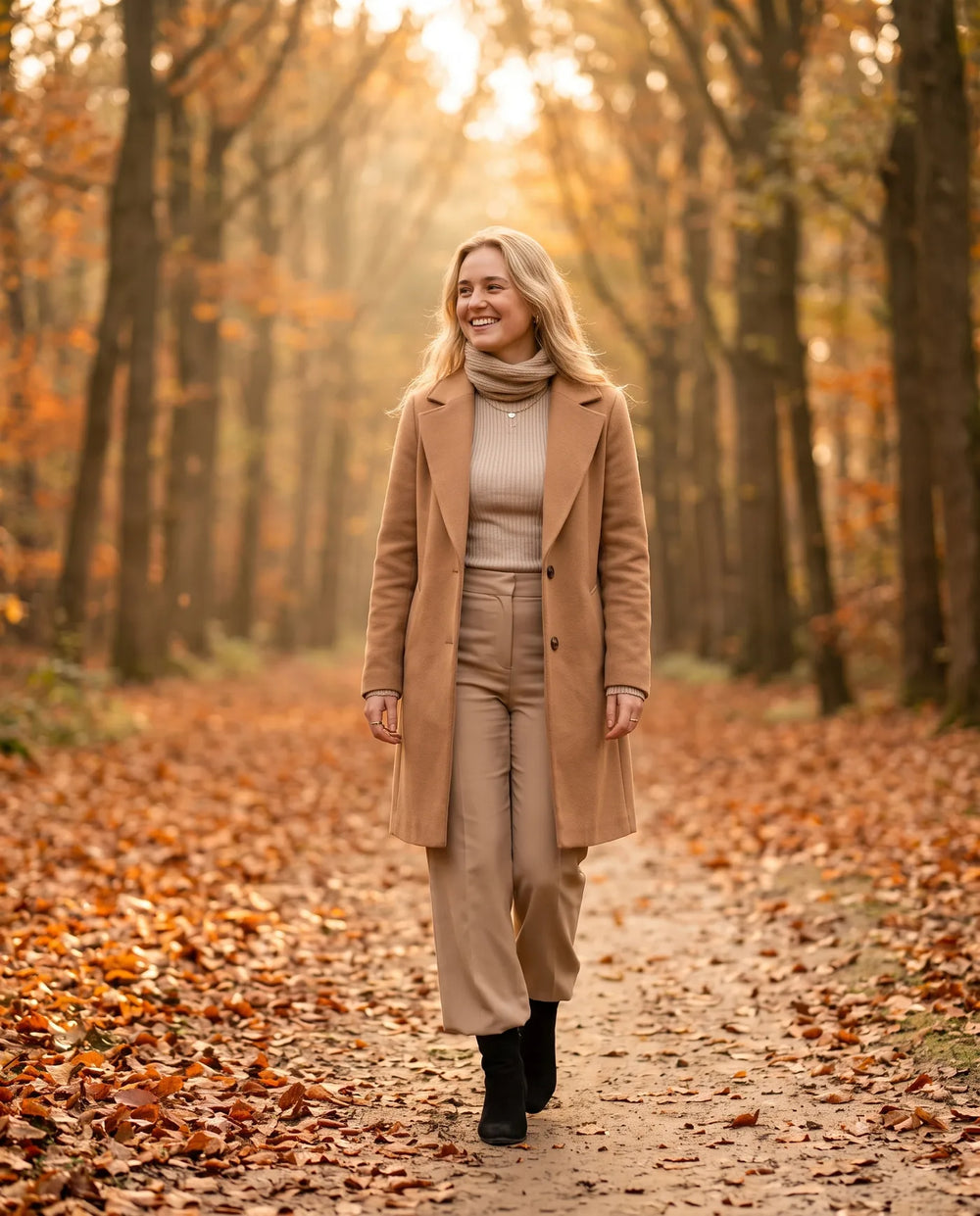 Vrouw in lange camel wollen jas op een herfstlaan