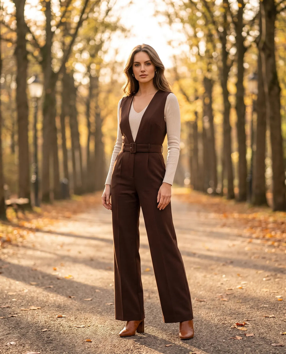 Vrouw in getailleerde chocoladebruine jumpsuit met riem en wijde pijpen op een lommerrijke laan