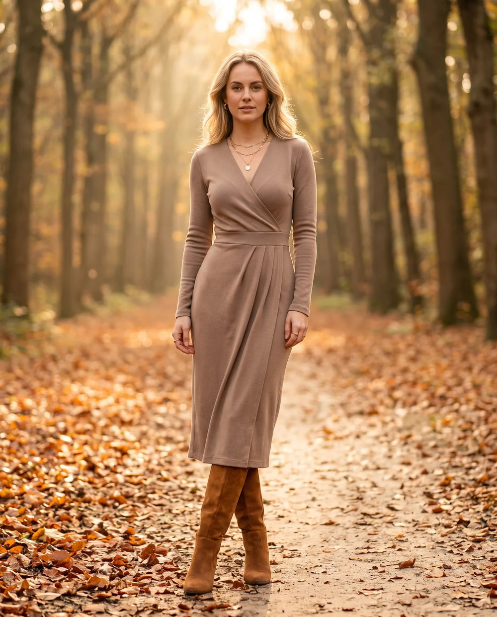 Vrouw in getailleerde wikkeljurk in taupe met hoge suède laarzen op een herfstpad