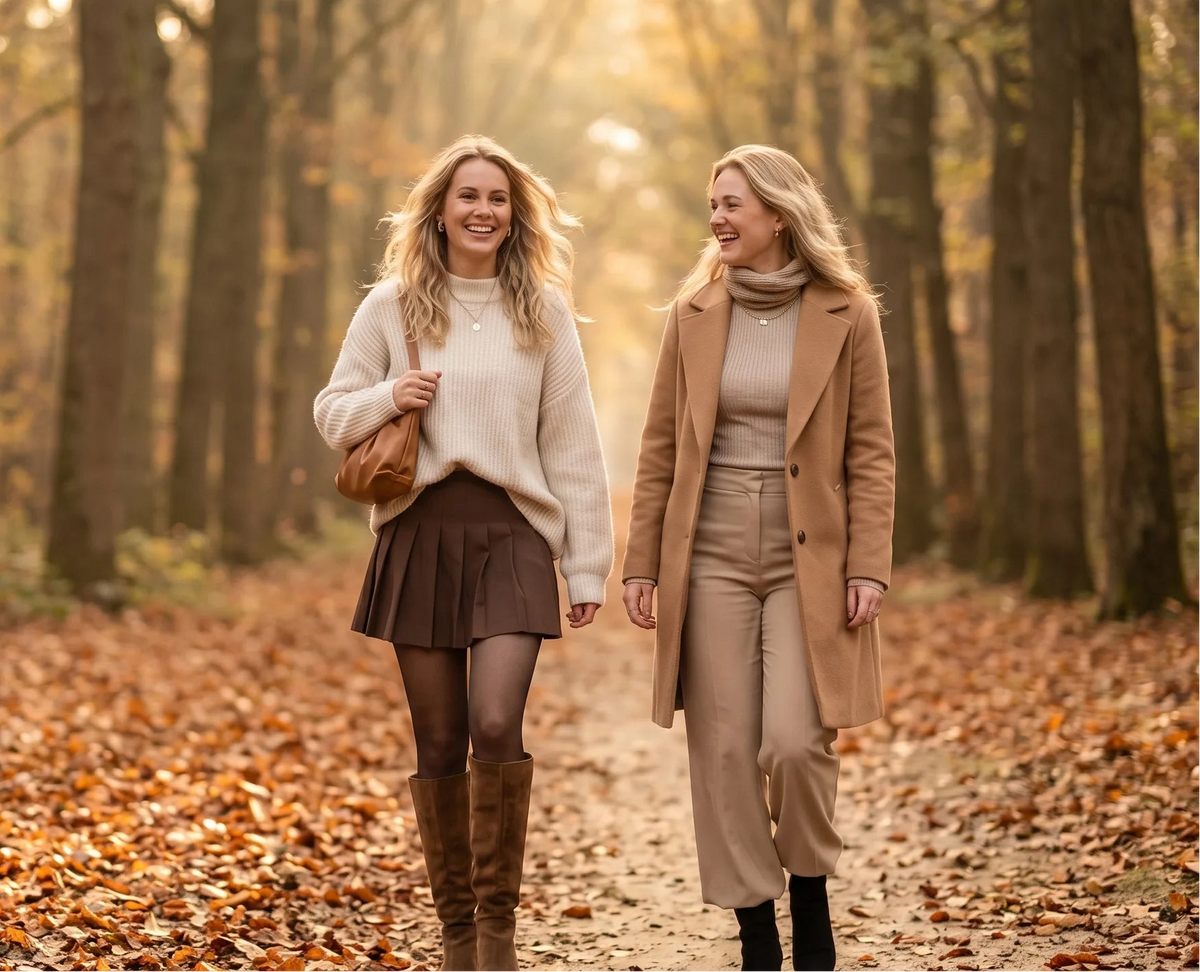 Twee vrouwen wandelen in herfstjassen over een bospad in het gouden licht