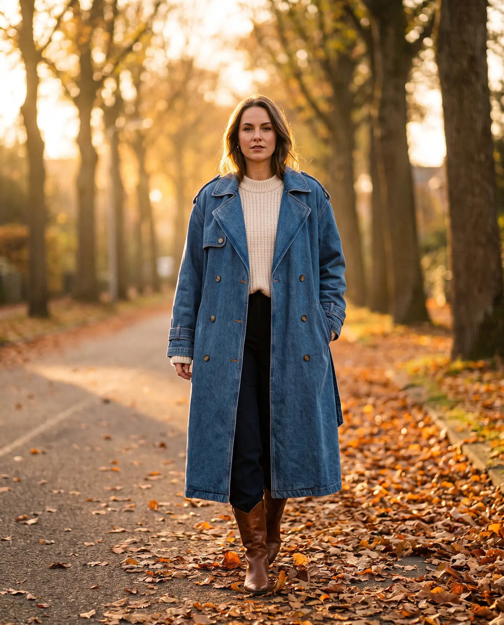 Vrouw in oversized denim trenchcoat op een laan met herfstbladeren