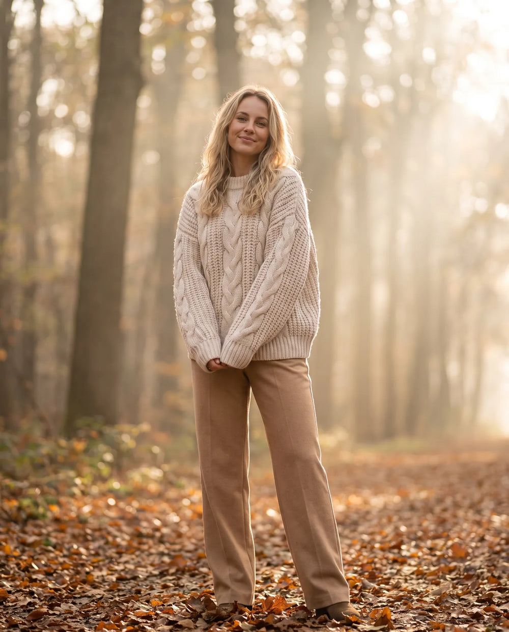 Vrouw in oversized grofgebreide trui in oatmeal op een mistige herfstochtend