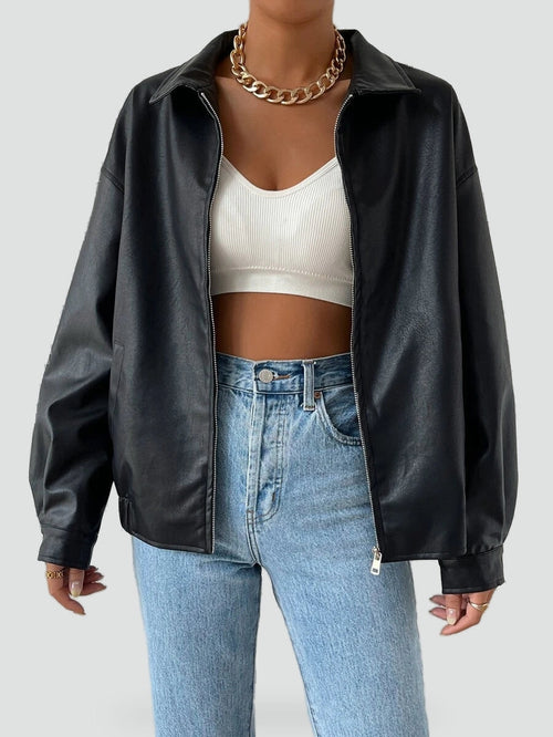 Jas Dames Leatherlook Drop Shoulder met Spreadkraag - Zwart