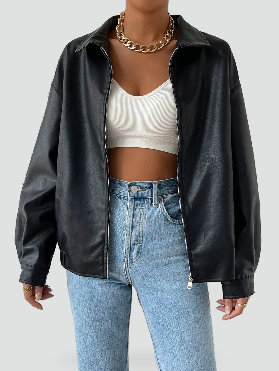 Jas Dames Leatherlook Drop Shoulder met Spreadkraag