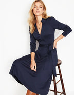 Navy Jurk Dames met Pofmouwen en Ceintuur - Miss Madera