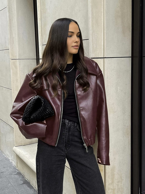 Jas Dames Leatherlook Oversized met Elastische Zoom - Bordeauxrood