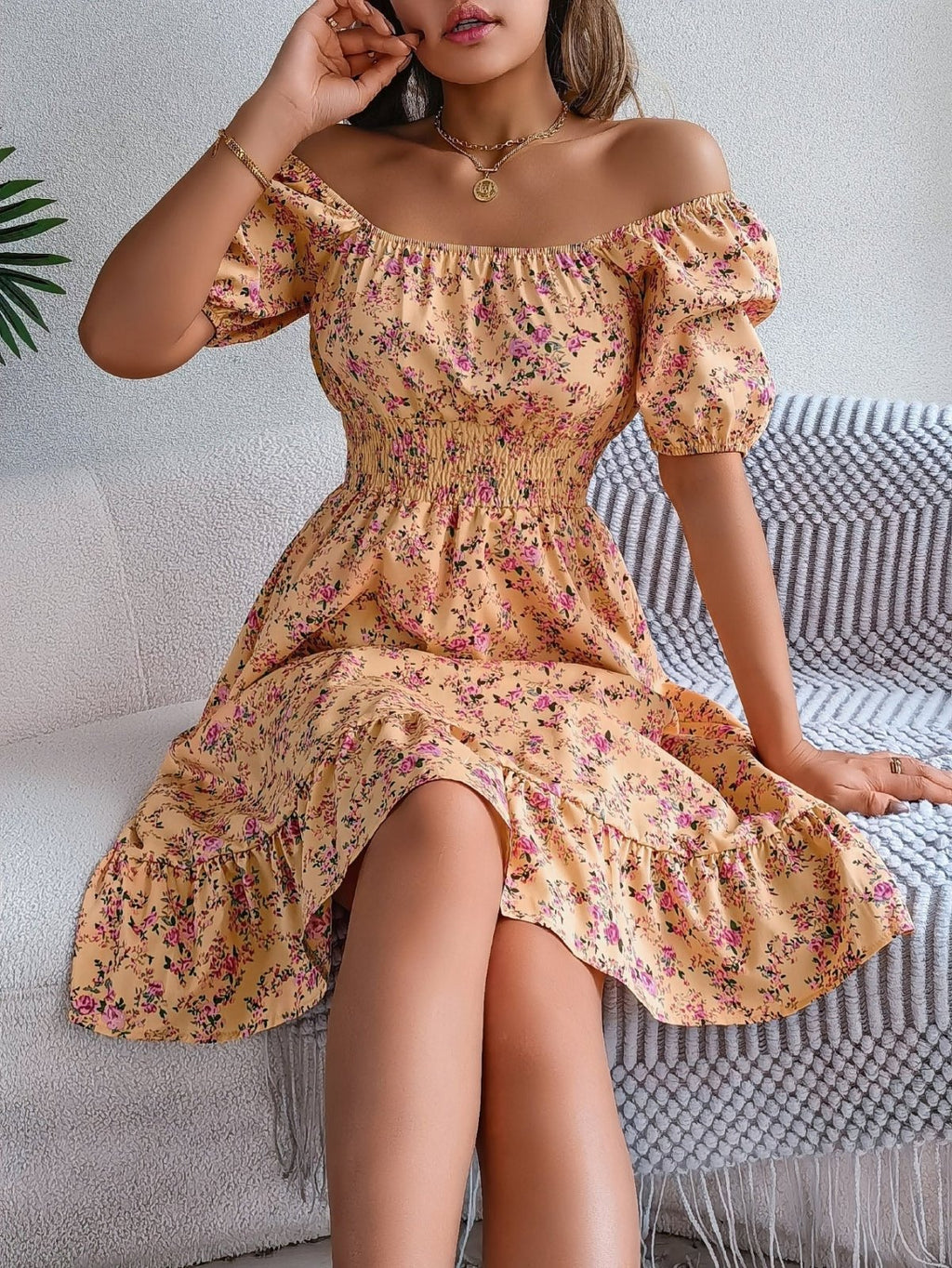 Off - Shoulder Jurk Dames | Bloemenprint Ruches Hoge Taille - Miss Madera