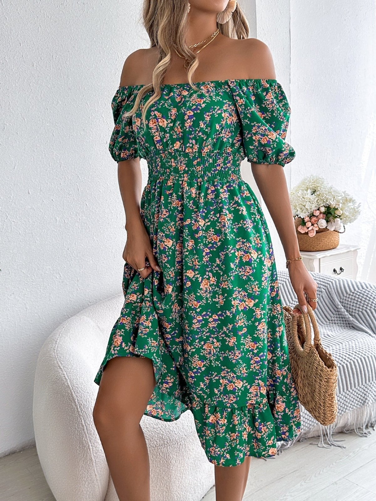 Off - Shoulder Jurk Dames | Bloemenprint Ruches Hoge Taille - Miss Madera
