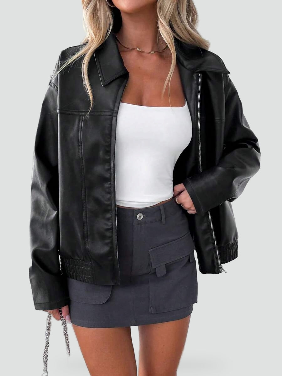 Jas Dames Leatherlook Oversized met Brede Kraag - Zwart