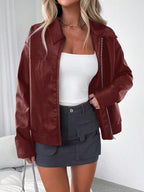 Jas Dames Leatherlook Oversized met Brede Kraag - Bordeauxrood