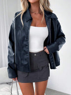 Jas Dames Leatherlook Oversized met Brede Kraag - Marineblauw