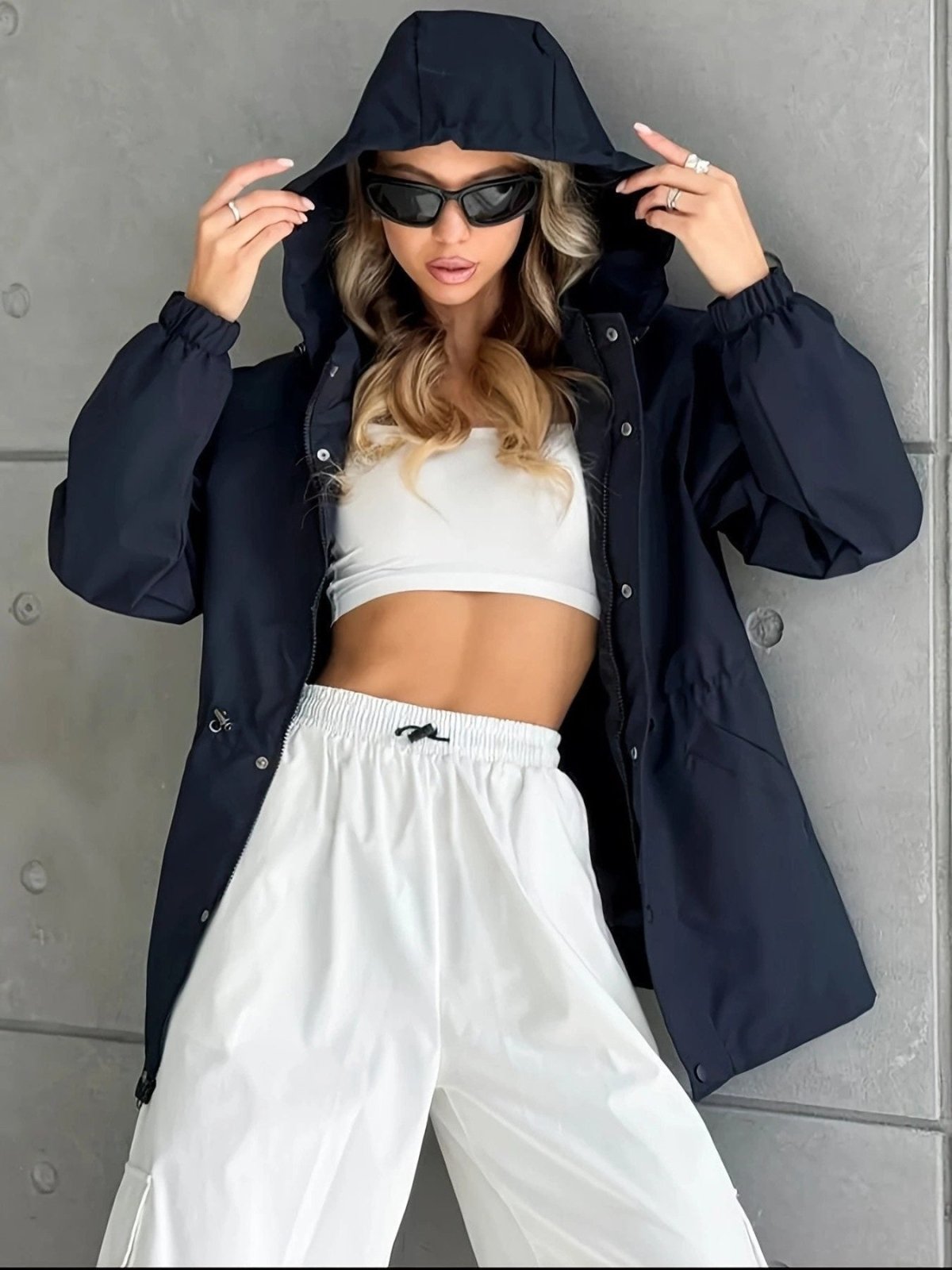 Regenjas Dames Oversized Capuchon Knoop & Rits – Herfst | Miss Madera - Miss Madera MIS-CMDBL8