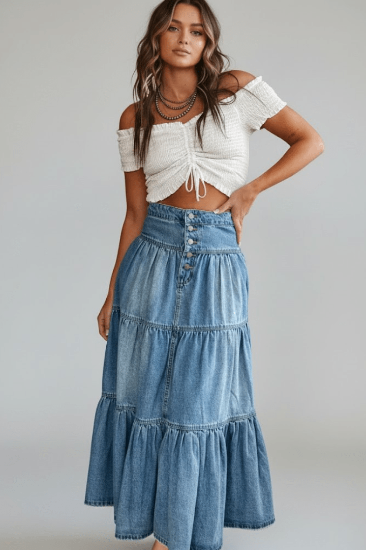Rok Dames Maxi Gelaagd Knoopsluiting Denim – Casual | Miss Madera - Miss Madera MIS-CEIXGB