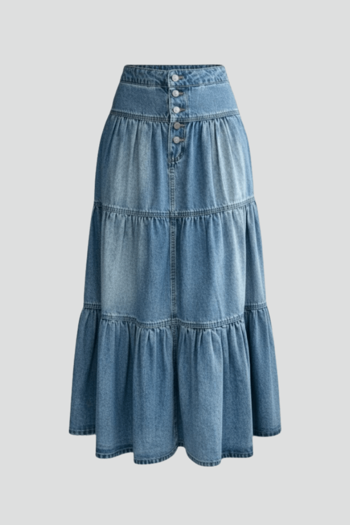 Rok Dames Maxi Gelaagd Knoopsluiting Denim – Casual | Miss Madera - Miss Madera MIS-CEIXGB