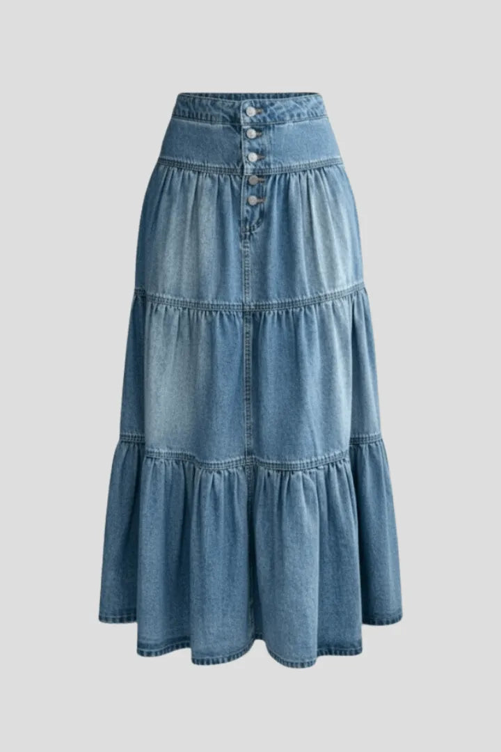 Rok Dames Maxi Gelaagd Knoopsluiting Denim – Casual | Miss Madera