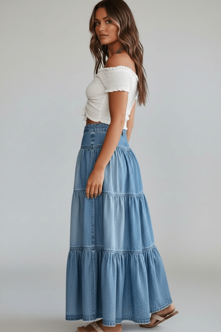 Rok Dames Maxi Gelaagd Knoopsluiting Denim – Casual | Miss Madera - Miss Madera MIS-CEIXGB