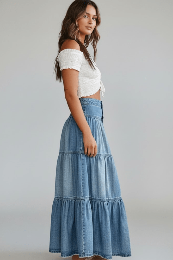 Rok Dames Maxi Gelaagd Knoopsluiting Denim – Casual | Miss Madera - Miss Madera MIS-CEIXGB