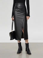Ruched Leather Midi Skirt voor Fashion‑bewuste Vrouwen - Miss Madera
