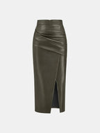 Ruched Leather Midi Skirt voor Fashion‑bewuste Vrouwen - Miss Madera