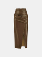 Ruched Leather Midi Skirt voor Fashion‑bewuste Vrouwen - Miss Madera