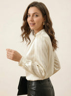 Satijnen Blouse met Mandarijnkraag en Strepen - Miss Madera