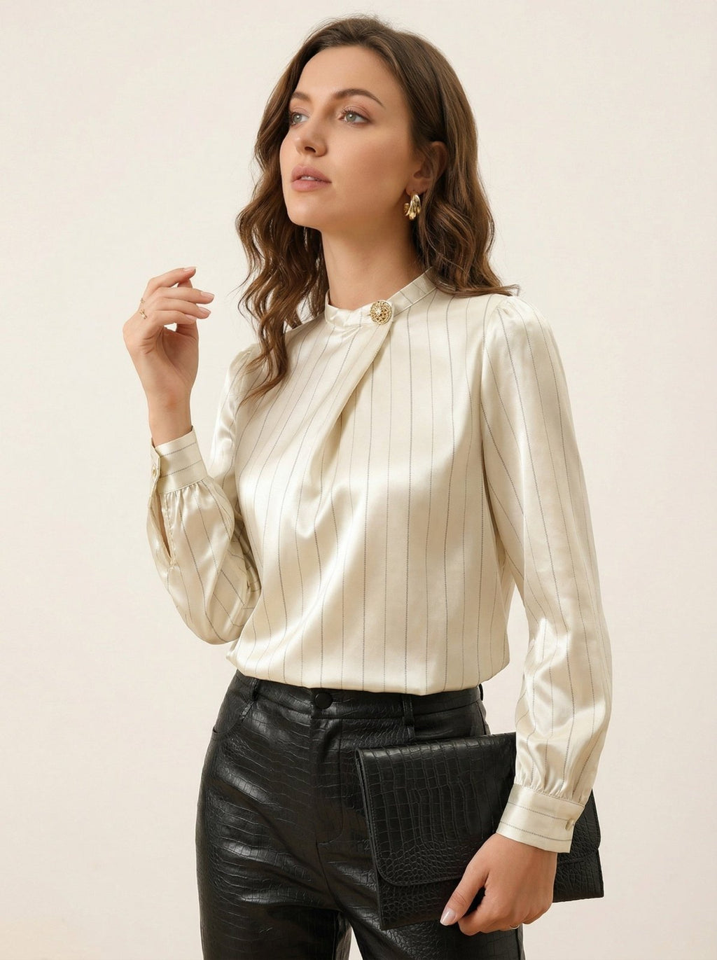 Satijnen Blouse met Mandarijnkraag en Strepen - Miss Madera