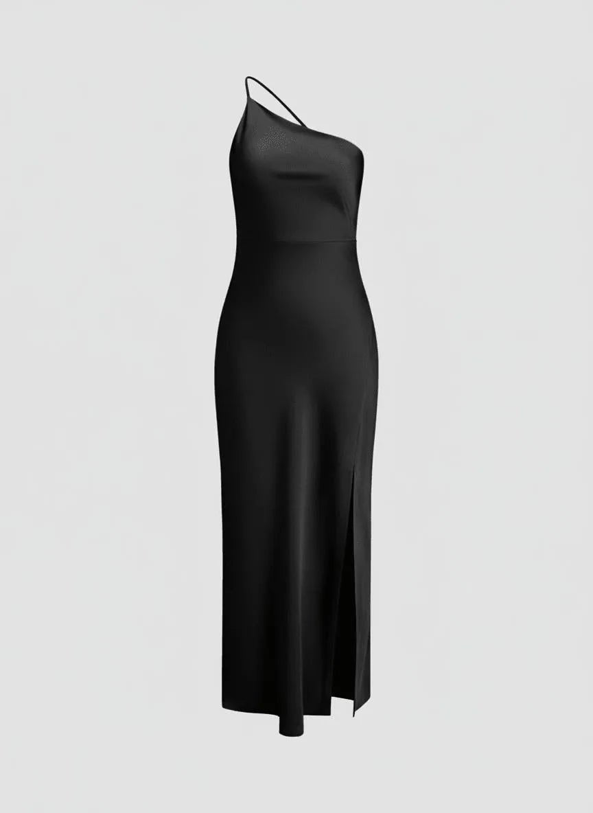 Satijnen Slip Dress Dames | One - Shoulder Hoge Split - Miss Madera