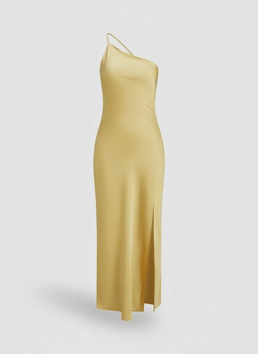Satijnen Slip Dress Dames | One - Shoulder Hoge Split - Miss Madera