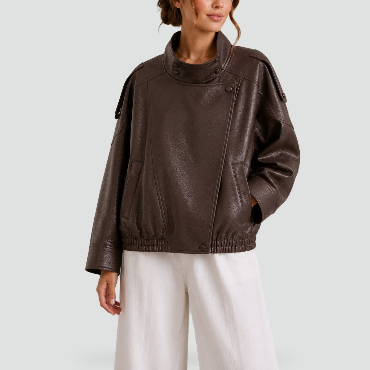 Bomberjack Dames Oversized Leatherlook met Hoge Kraag - Bruin