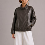 Bomberjack Dames Oversized Leatherlook met Hoge Kraag - Donkergroen