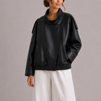 Bomberjack Dames Oversized Leatherlook met Hoge Kraag - Zwart