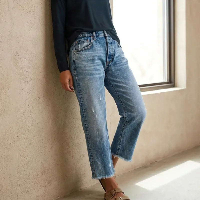 Miss | Jeans Dames 3/4 Rechte Pijp Cropped Retro - Denim