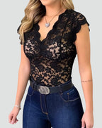 Top Dames Kant V-Hals Ruches Fitted – Feest | Miss Madera - Miss Madera MIS-8Y8CJL