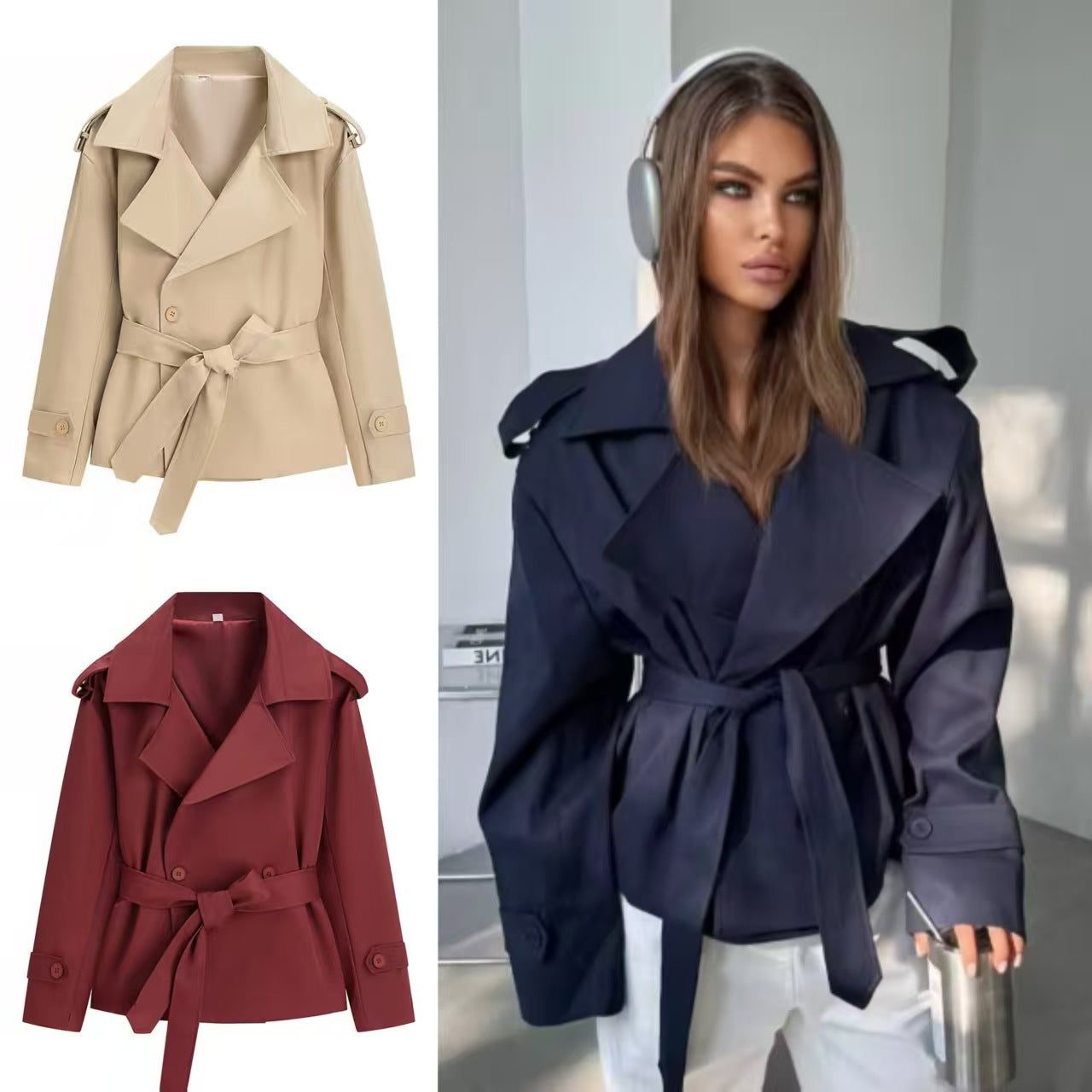 Trenchcoat Dames Kort Dubbelrijig Ceintuur – Kantoor | Miss Madera - Miss Madera MIS-LR9WKH