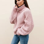 Coltrui Dames Grofgebreid Cropped met Omslagkraag - Roze