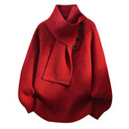 Trui Dames Gebreid met Sjaalkraag en Knoopdetail - Rood