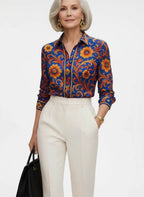 Zijden Blouse Dames | Barokprint Vloeiend Silhouet - Miss Madera